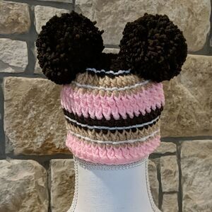 Pink/brown Crochet Newborn Girl Hat with puff balls